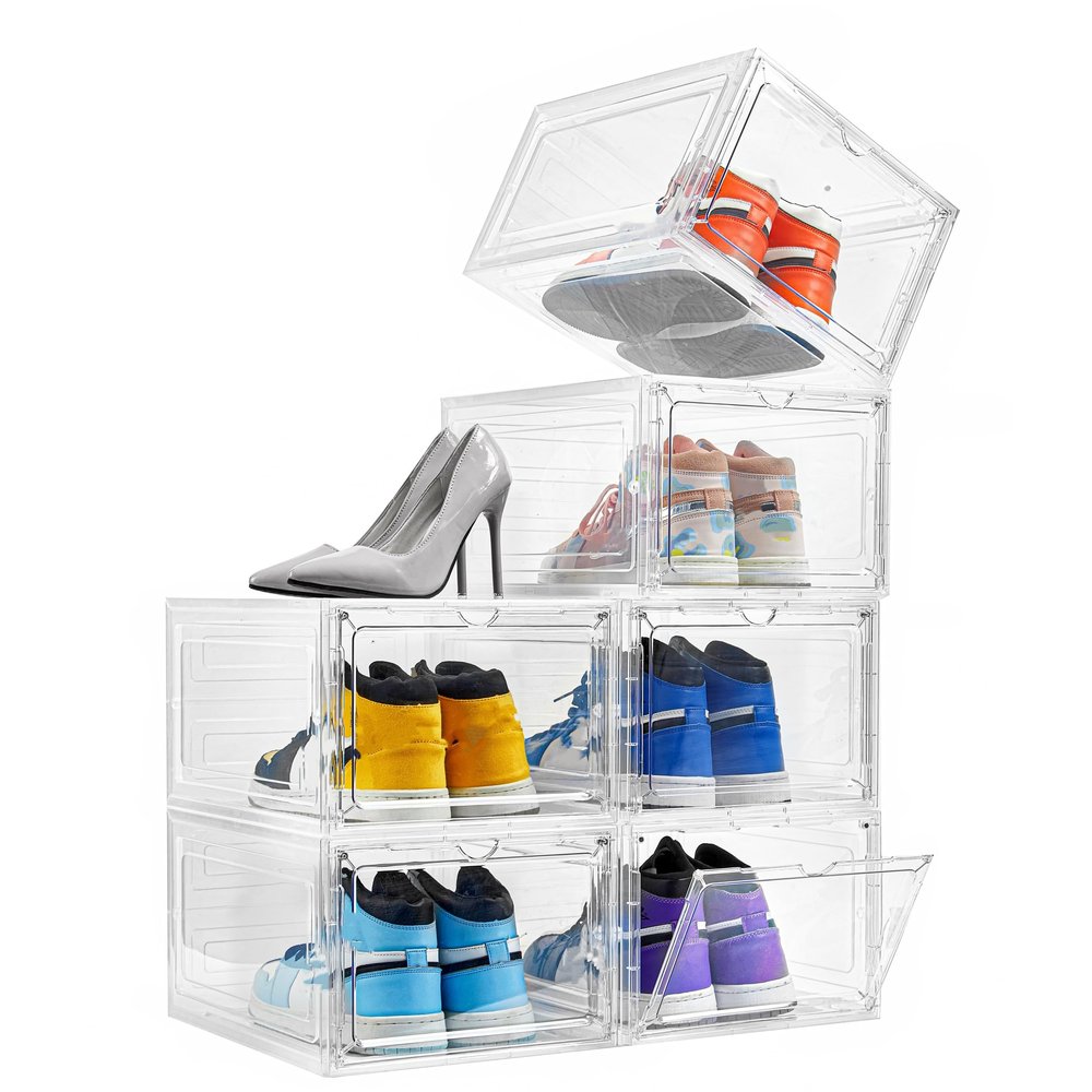 Attelite Shoe Box Organizer,Set of 6,Stackable Plastic Shoe Box with Clear Door, Shoe Storage Box Containers,For Display Sneakers,Easy Assembly,Fit up to US Size 12(13.4x 10.6x 7.4)