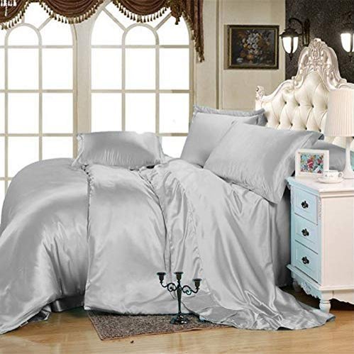 Bed Sheet Set - Soft Silky Satin 7 PCs Bedding Set - Wrinkle, Fade, Stain Resistant - 21" Deep Pocket {1 Flat Sheet, 1 Fitted Sheet, 1 Duvet Cover, 4 Pillowshams} Sheet Set (King, Silver)