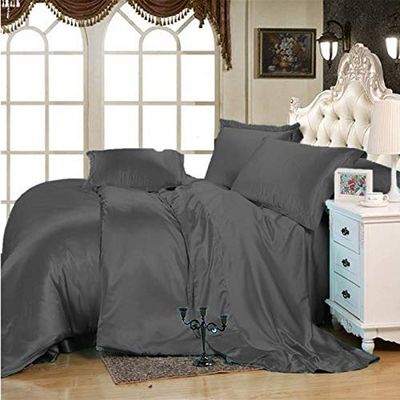 Bed Sheet Set - Soft Silky Satin 7 PCs Bedding Set - Wrinkle, Fade, Stain Resistant - 21" Deep Pocket {1 Flat Sheet, 1 Fitted Sheet, 1 Duvet Cover, 4 Pillowshams} Sheet Set (King, Dark Grey)