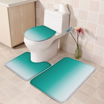 3 Pieces Bathroom Rugs and Mats Sets Abstract Art Turquoise, Non Slip Water Absorbent Bath Rug, Toilet Seat/Lid Cover, U-Shaped Toilet Mat, Home Decor Color Gradient Doormats