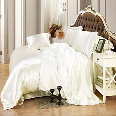 Bed Sheet Set - Soft Silky Satin 7 PCs Bedding Set - Wrinkle, Fade, Stain Resistant - 21" Deep Pocket {1 Flat Sheet, 1 Fitted Sheet, 1 Duvet Cover, 4 Pillowshams} Sheet Set (King, Ivory)