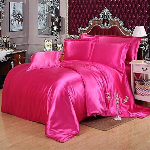 Bed Sheet Set - Soft Silky Satin 7 PCs Bedding Set - Wrinkle, Fade, Stain Resistant - 21" Deep Pocket {1 Flat Sheet, 1 Fitted Sheet, 1 Duvet Cover, 4 Pillowshams} Sheet Set (King, Hot Pink)