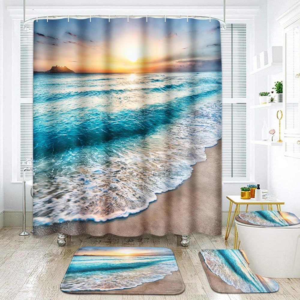ArtSocket 4 Pcs Shower Curtain Set Beautiful Sunrise Over Sea Beach Sunny Sunset Marine Natural with Non-Slip Rugs Toilet Lid Cover and Bath Mat Bathroom Decor Set 72" x 72"