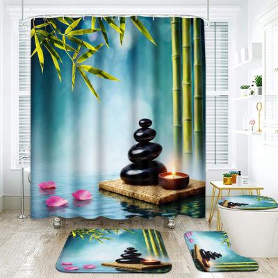 ArtSocket Tower Black Stone Hibiscus Bamboo Bathroom Set with Shower Curtain and Rugs Accessories, Water Beautiful Floral Tropical Shower Curtain for Bathroom Decor 4 Pcs