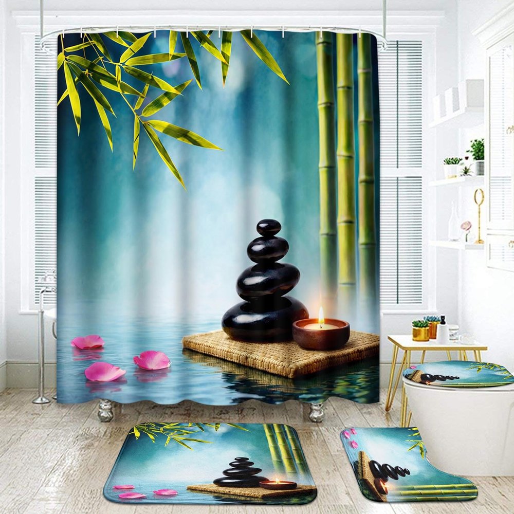ArtSocket Tower Black Stone Hibiscus Bamboo Bathroom Set with Shower Curtain and Rugs Accessories, Water Beautiful Floral Tropical Shower Curtain for Bathroom Decor 4 Pcs