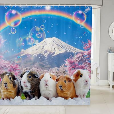 Guinea Pig Shower Curtain for Girls Boys Kids Cute Cavy Lovely Pet Bath Curtain Rainbow Mountain Landscape Bathroom Shower Curtain Set Room Decor Cherry Tree Waterproof Polyester Curtains 72x84 Inch