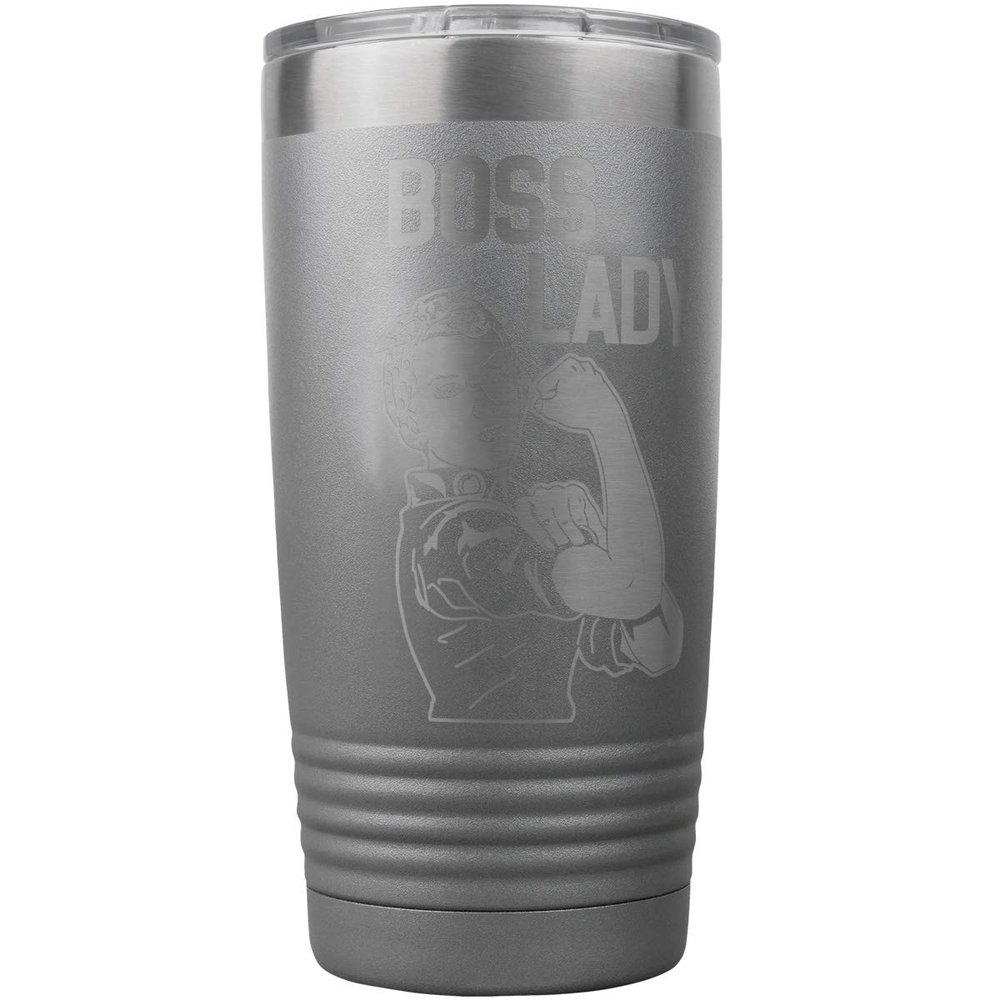 PlaqueMaker Personalized 20-oz Boss Lady Coffee Tumbler - Great for Women Who Lead, Manage, Operate and Run Companies and Organizations (Grey)