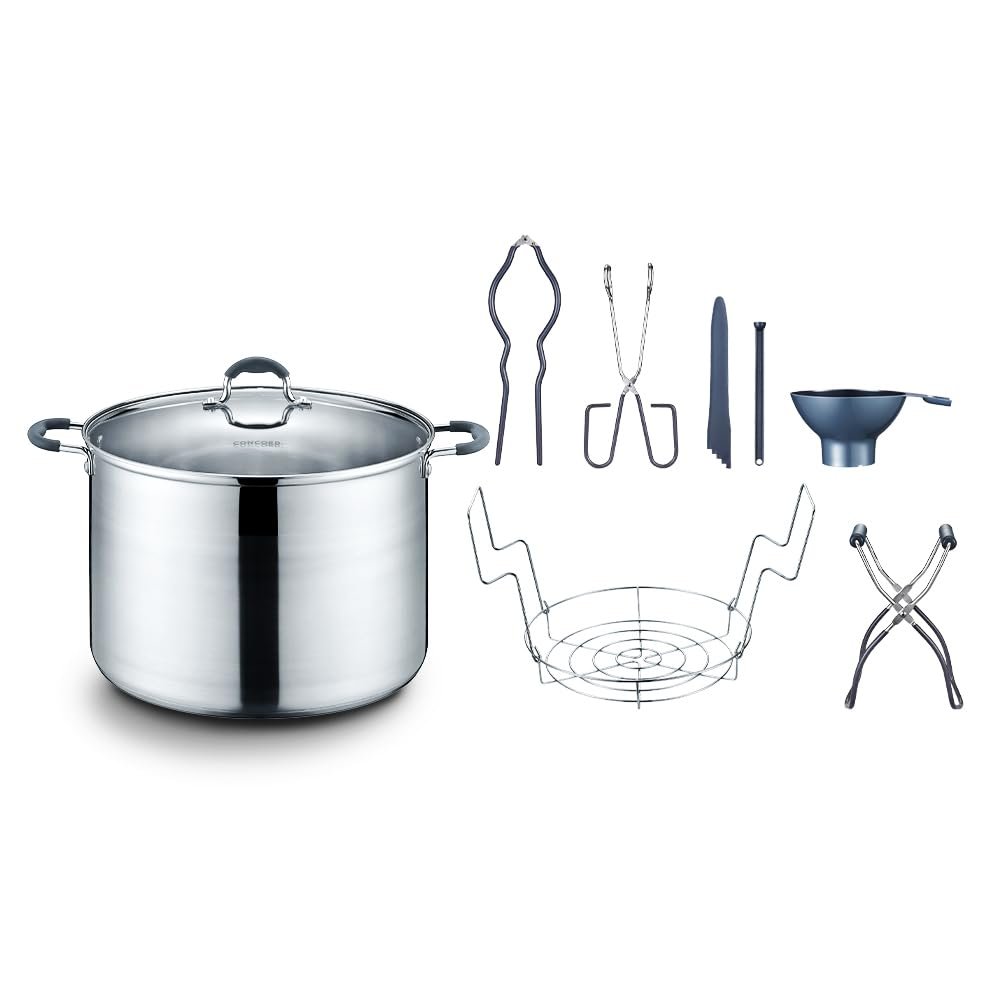 CONCORD 20 Quart Stainless Steel Canning Pot Set. Includes Canning Rack, Tongs, Jar Lifter, Funnel, Wrench, Lid Lifter, Mixer/Measurer (Induction Compatible)
