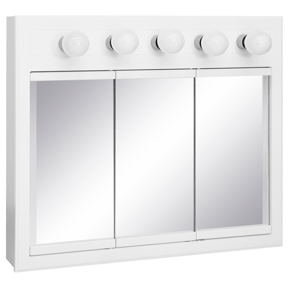 Design House Concord Medicine Cabinet, 3 Mirrored Doors, Pre-Assembled, Surface Mount, 5 Lights, White Wood Frame Wall Cabinet, 36 in W x 5 in D x 30 in H, 532390-WHT
