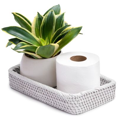 Towel Storage for Small Bathroom 10 in x 6 in White Toilet Paper Holder Storage Shower Basket Organizer for Kids Boho Baskets for Storage Cubes Tank Topper Basket (10 x 6 x 2 in, White Wash)