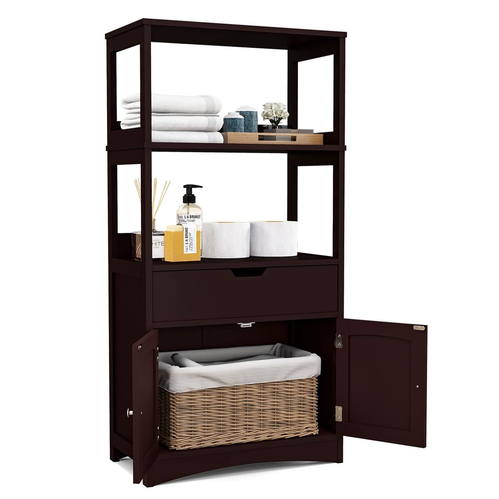 GLACER Large Bathroom Floor Cabinet, Freestanding Multipurpose Storage Cabinet with Drawer, 2 Open Shelves and Cupboard, Excellent for Bathroom, Kitchen or Living Room, 24 x 13 x 48 inches (Espresso)