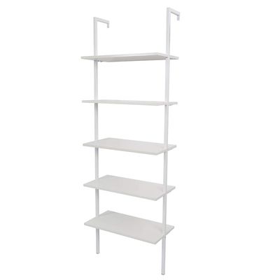 5-Shelf Wood Ladder Bookcase with Metal Frame, Industrial 5-Tier Modern Ladder Shelf Wood Shelves (White)