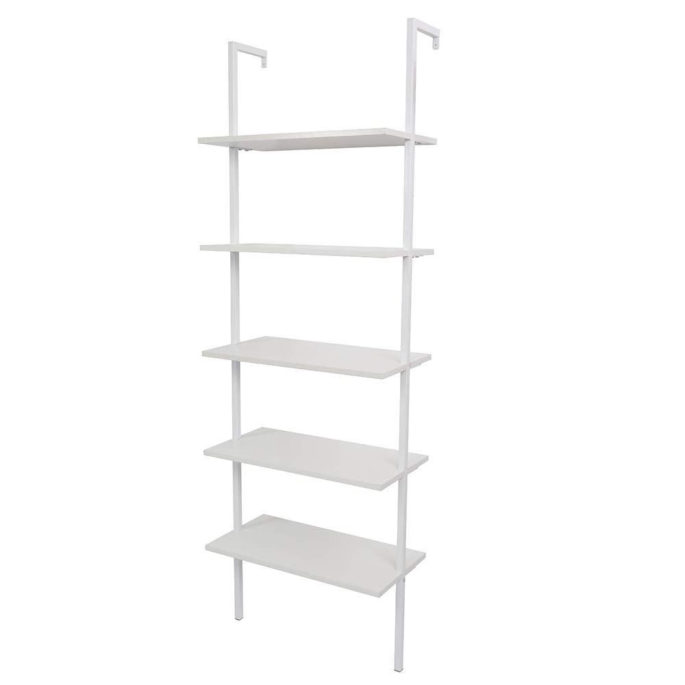 5-Shelf Wood Ladder Bookcase with Metal Frame, Industrial 5-Tier Modern Ladder Shelf Wood Shelves (White)