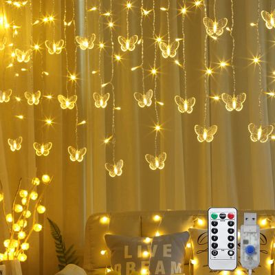Butterfly Curtain Fairy Light, 8 Modes 120 LED USB Window Firefly Twinkle Timer String Lights 24 Butterflies with Remote, Waterproof Copper Wire for Room Bedroom Christmas Wedding Party Dorm Patio