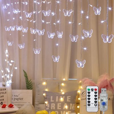 Butterfly Curtain Fairy Light, 8 Modes 120 LED USB Window Firefly Twinkle Timer String Lights 24 Butterflies with Remote, Waterproof Copper Wire for Room Bedroom Christmas Wedding Party Dorm Patio