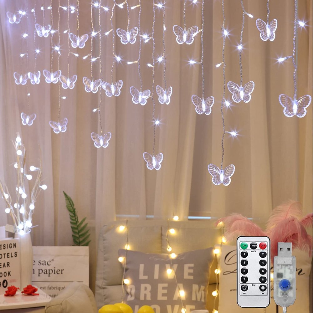 Butterfly Curtain Fairy Light, 8 Modes 120 LED USB Window Firefly Twinkle Timer String Lights 24 Butterflies with Remote, Waterproof Copper Wire for Room Bedroom Christmas Wedding Party Dorm Patio