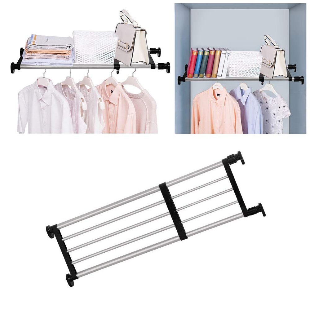 BAOYOUNI Adjustable Shelving Expandable Closet Shelves Tension Rod Clothes Hanger Storage Rack DIY Cabinet Wardrobe Kitchen Bathroom Divider Separator Organizer, Black, 2 Pack