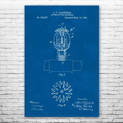 Automatic Fire Sprinkler Poster Print, Fire Prevention, Safety Inspector, Sprinkler System, Firefighting, Firehouse Blueprint (20 inch x 30 inch)