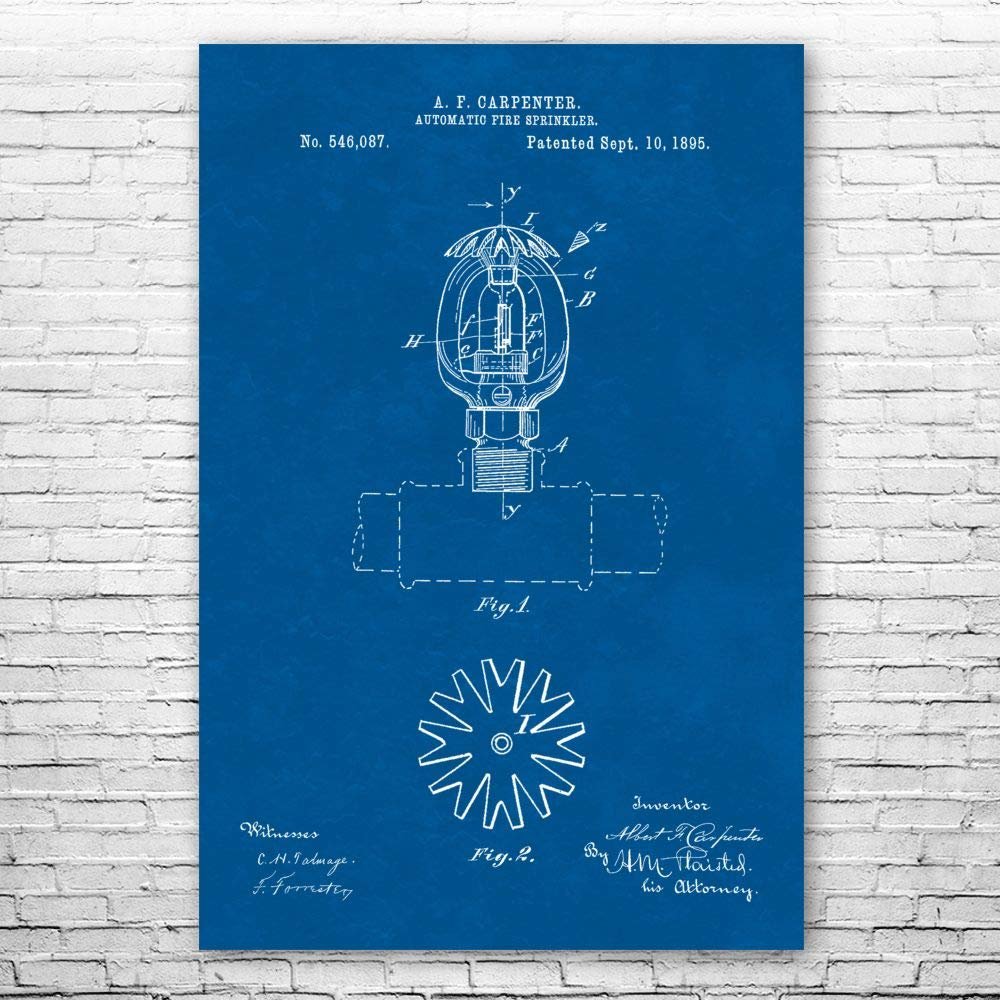 Automatic Fire Sprinkler Poster Print, Fire Prevention, Safety Inspector, Sprinkler System, Firefighting, Firehouse Blueprint (20 inch x 30 inch)
