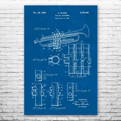 Trumpet Poster Print, Trumpet Design, Jazz Art, Music Class Decor, Music Teacher Gift, Trumpet Decor, Marching Band Gift Blueprint (20 inch x 30 inch)