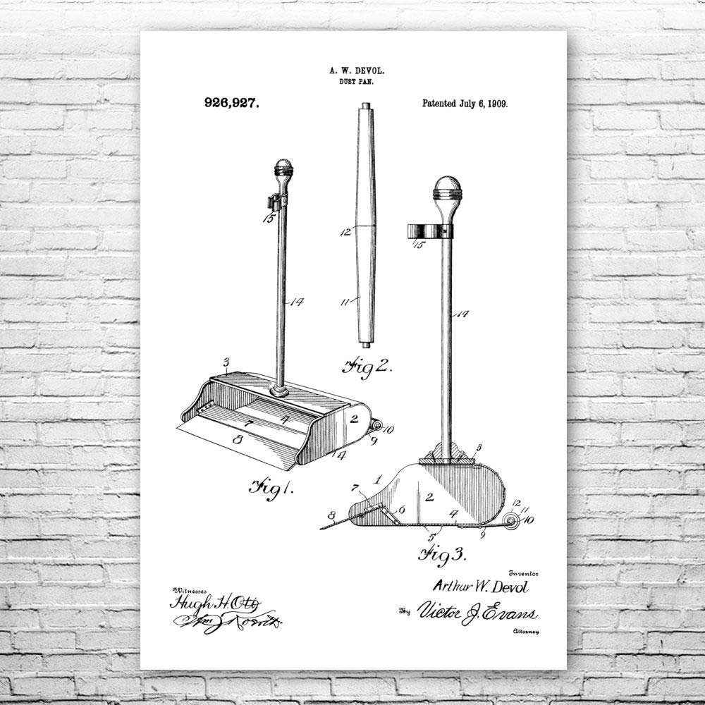 Dustpan & Handle Poster Print, Housekeeper Gift, Dustpan Blueprint, Broom Closet Art, School Janitor, Custodian Gifts Black & White (20 inch x 30 inch)