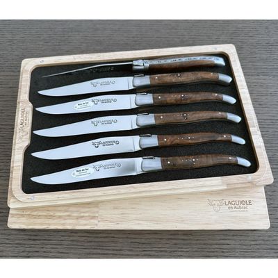Laguiole en Aubrac Luxury Fully Forged Full Tang Stainless Steel Steak Knives 6-Piece Set, Rich Desert Ironwood Handles, Stainless Steel Brushed Bolsters