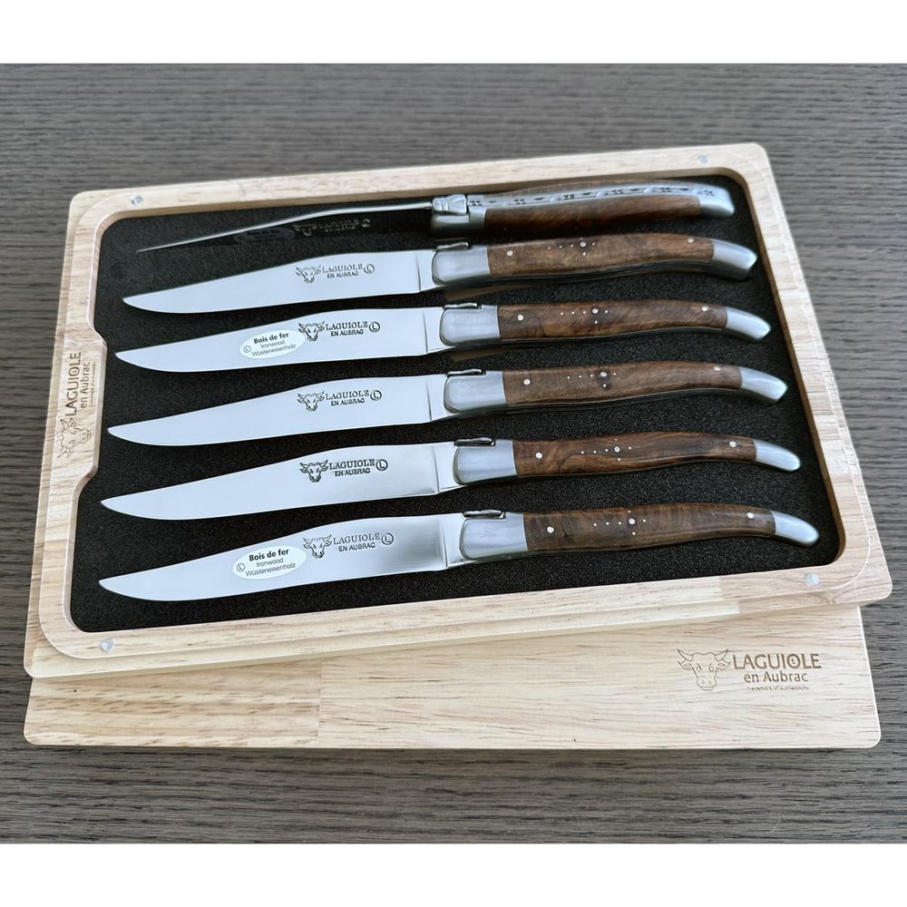 Laguiole en Aubrac Luxury Fully Forged Full Tang Stainless Steel Steak Knives 6-Piece Set, Rich Desert Ironwood Handles, Stainless Steel Brushed Bolsters