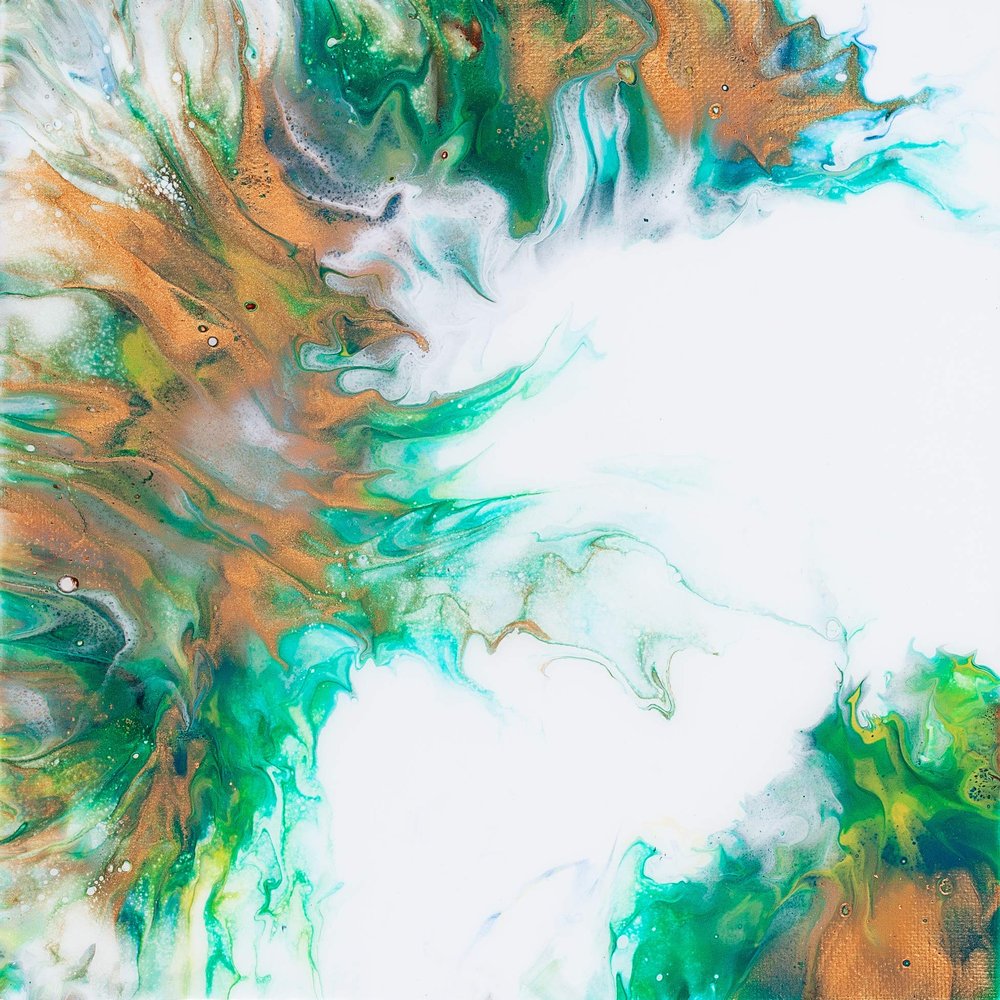 10x10 Original Acrylic Pour Painting on Canvas with Resin Finish, Green and Copper