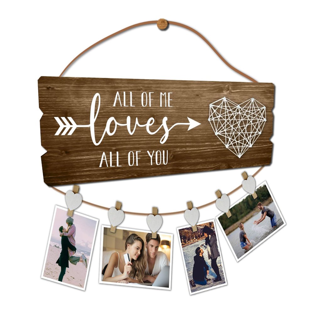 Buecasa Romantic Gifts for Girlfriend Boyfriend Couples Fiance - All of Me Loves All of You Photo Holder with 6 Heart Clips 15.8x6.0 Inches