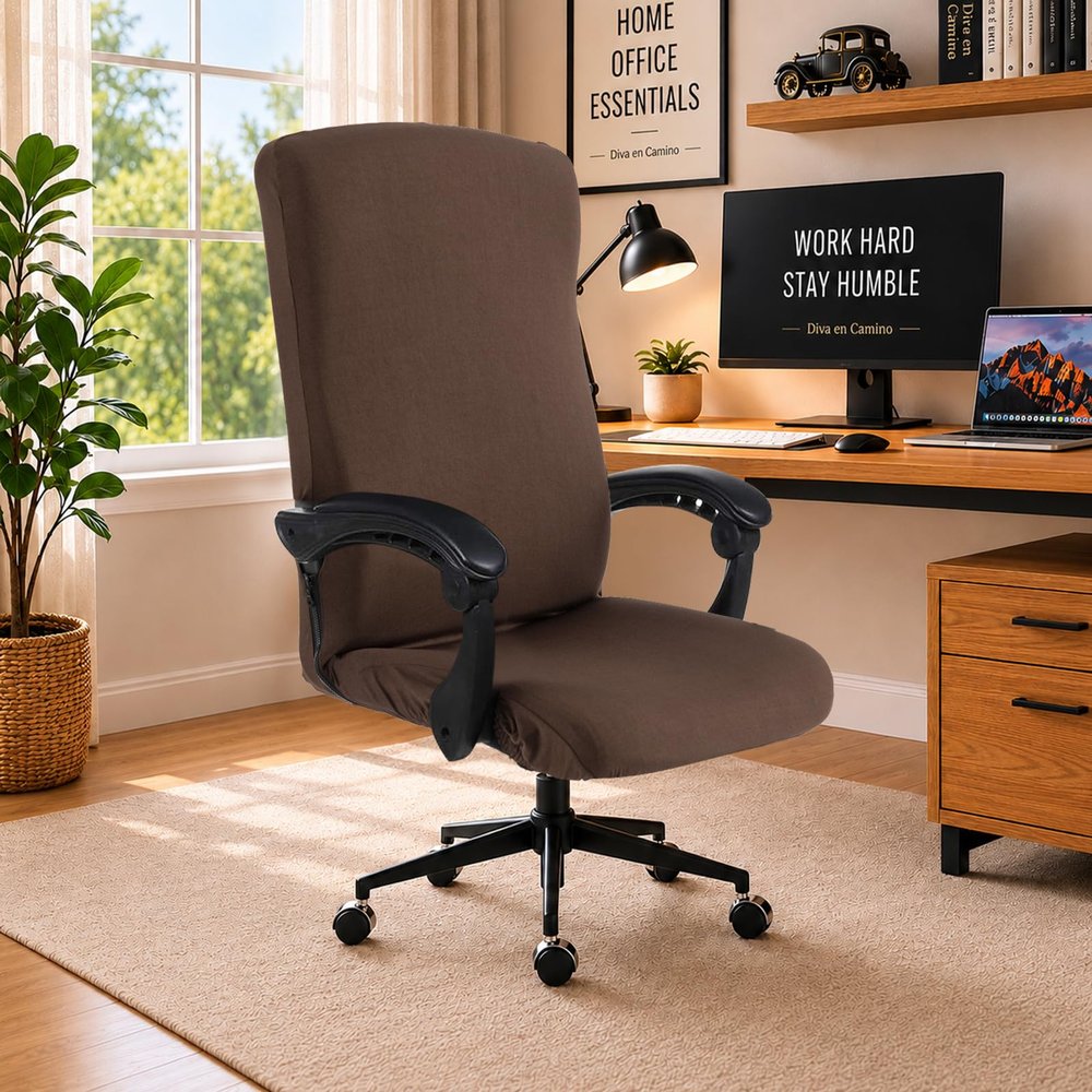 DIVA EN CAMINO DEC Universal Stretch Office Chair Cover with Durable Zipper, Soft Slipcover for Desk or High Back Chair, Mocha