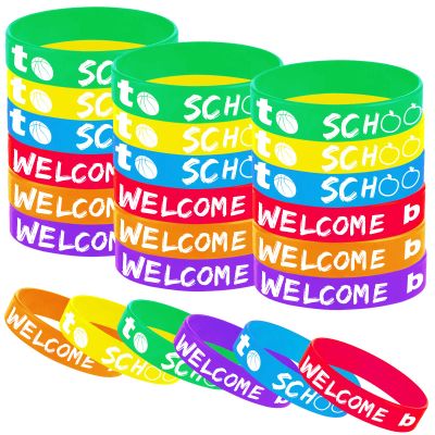 Oringaga 24PCS Welcome Back to School Party Rubber Wristbands, First Day of School Birthday Party Supplies Decorations Gifts Prize Goodie Bag Favors Silicone Wristband