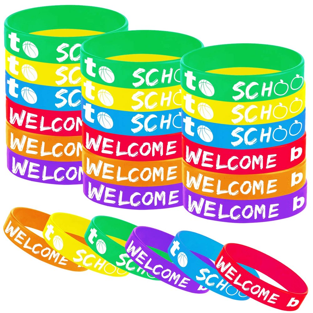 Oringaga 24PCS Welcome Back to School Party Rubber Wristbands, First Day of School Birthday Party Supplies Decorations Gifts Prize Goodie Bag Favors Silicone Wristband