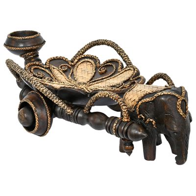 AeraVida Hand Carved Elephant Cart Candle Holder Tray Rain Tree Wood Decorative Elephant Figurine with Rattan Accents Wooden Candle Holder Home Decor Thai Inspired