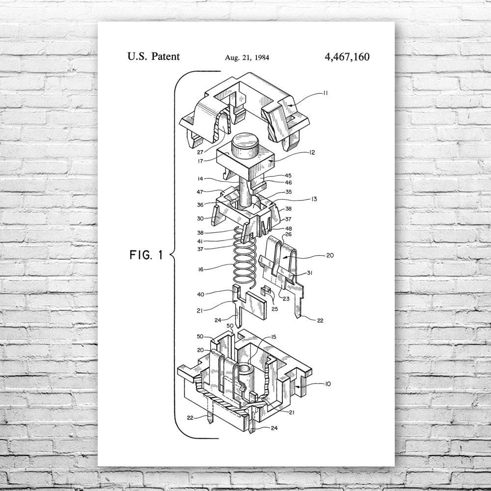 Cherry MX Keyboard Switch Poster Print, Computer Lab Art, Programmer Gift, Hardware Wall Art, IT Tech Gift, Patent Print Black & White (20 inch x 30 inch)