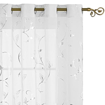 BUHUA White Sheer Curtains 96 Inch Length 2 Panels Set, Grommet Voile Curtains Silver Vine Printed, Elegant Home Decoration(55W x 96L Inch, White, Set of 2)