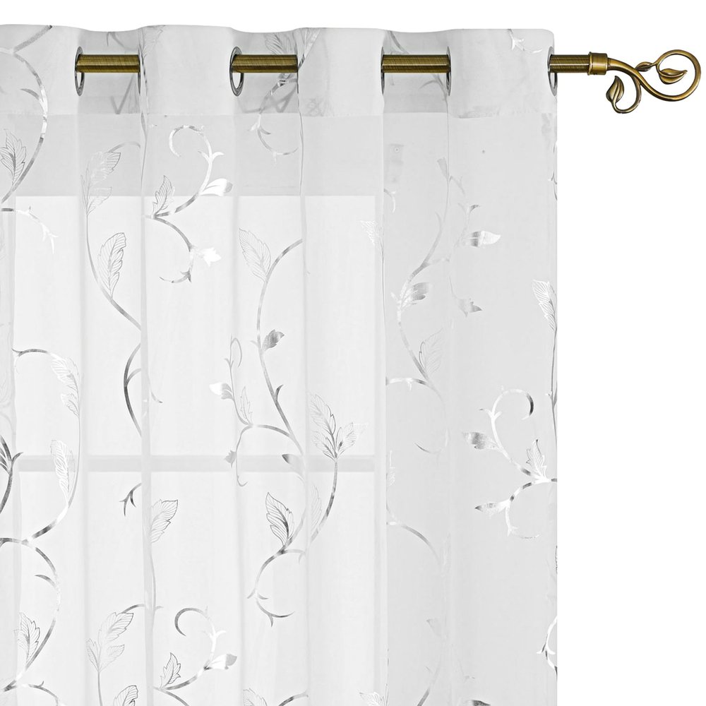 BUHUA White Sheer Curtains 96 Inch Length 2 Panels Set, Grommet Voile Curtains Silver Vine Printed, Elegant Home Decoration(55W x 96L Inch, White, Set of 2)