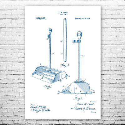 Dustpan & Handle Poster Print, Housekeeper Gift, Dustpan Blueprint, Broom Closet Art, School Janitor, Custodian Gifts Blue & White (20 inch x 24 inch)