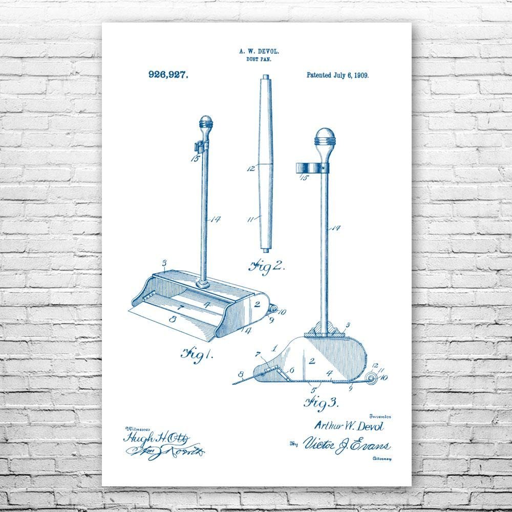 Dustpan & Handle Poster Print, Housekeeper Gift, Dustpan Blueprint, Broom Closet Art, School Janitor, Custodian Gifts Blue & White (20 inch x 24 inch)