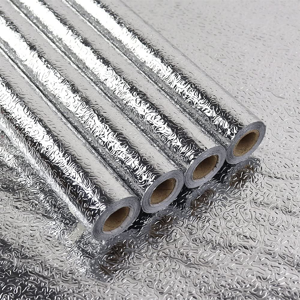 4PCS Kitchen Oil Proof Backsplash Wallpaper Peel and Stick Aluminum Foil Contact Paper Self Adhesive Water Proof Heat Resistant Wall Sticker for Countertop Cabinet Drawer Liner Shelf Liner(472 Inch)