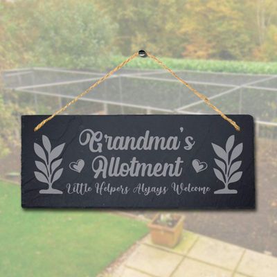Stukk Grandma's Allotment Little Helper Always Welcome Hanging Garden Decor Sign, Natural Engraved Slate Stone Plaque, 30x12cm