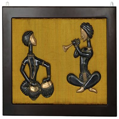 Exotic India Set of Two Musician Wall Hanging with Frame - Brass and Wood Statue