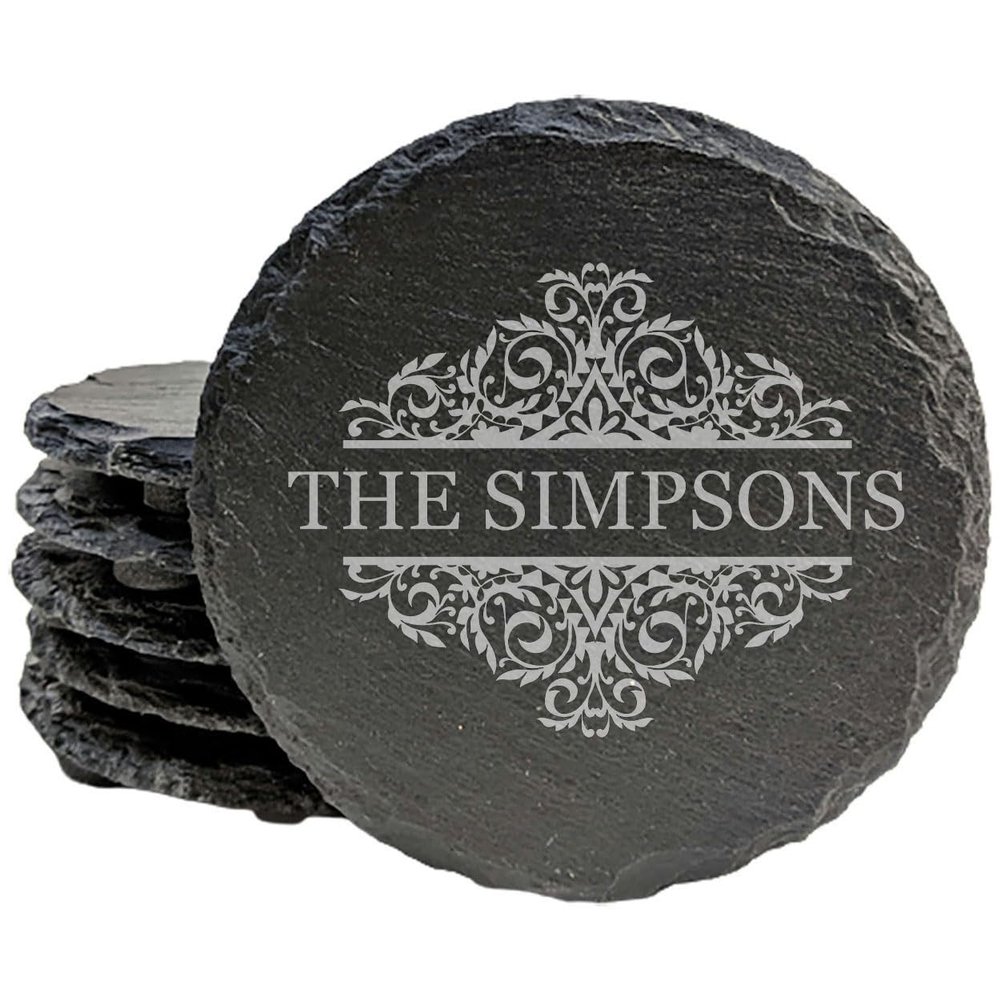 A Touch of Elegance: Personalized Slate Coasters with Family Monogram - Round Slate - Set of 8