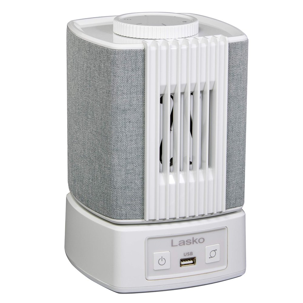 Lasko SlumberBreeze 2-in-1 Small Table Fan and White Noise Machine for Better Sleep in the Bedroom and Focus in the Home Office, SB101, White