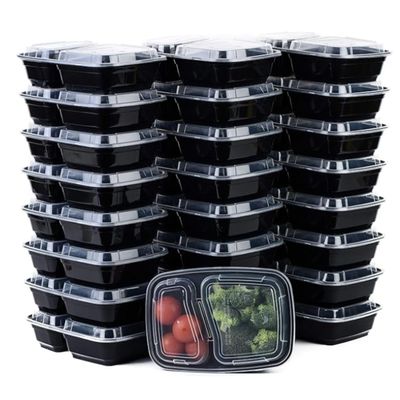 [100 Pack] 2 Compartment Microwavable Meal Prep Containers with Lids 36 oz, Reusable Bento Box, Food Storage Containers | BPA Free | Stackable | Lunch Boxes, Microwave/Dishwasher/Freezer Safe
