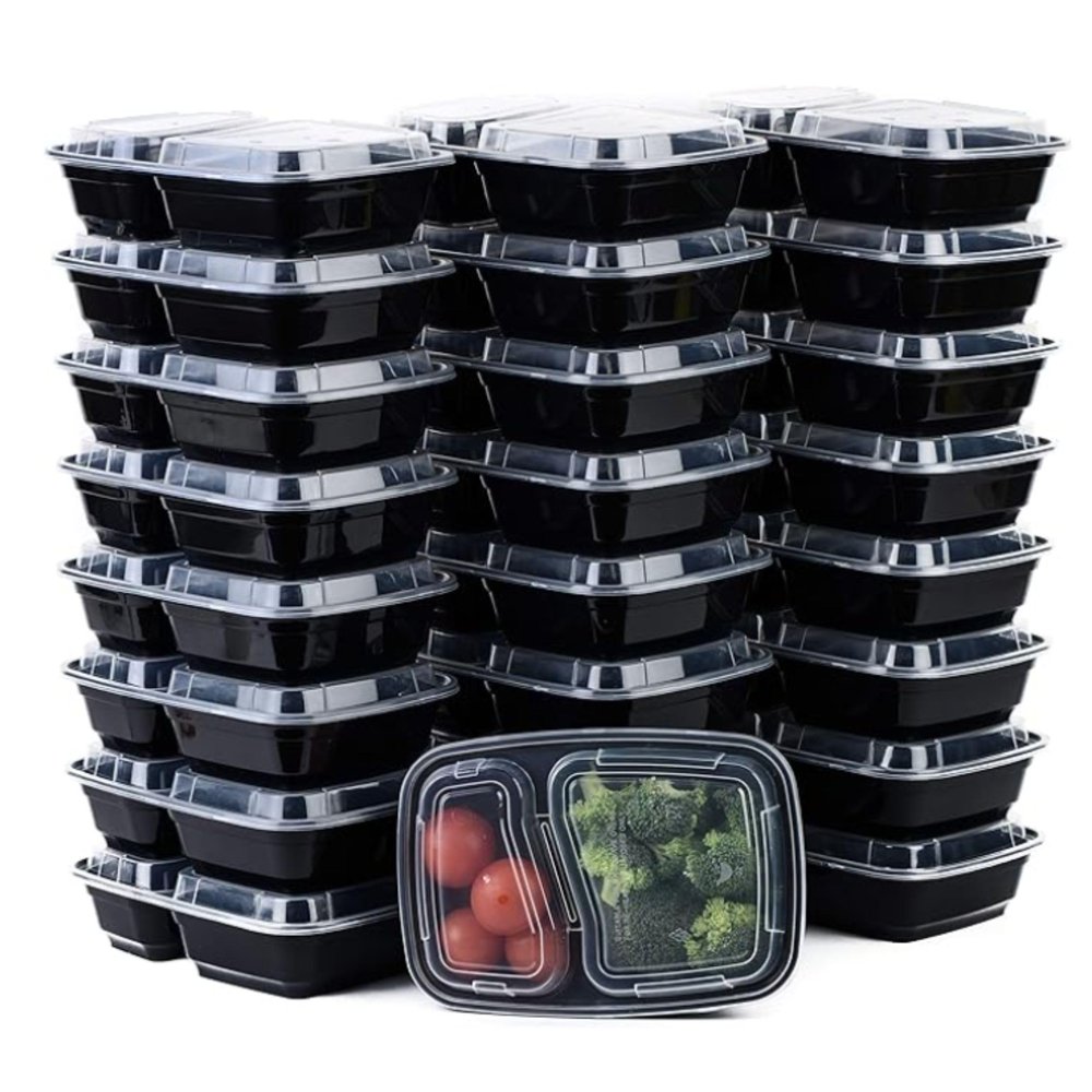 [100 Pack] 2 Compartment Microwavable Meal Prep Containers with Lids 36 oz, Reusable Bento Box, Food Storage Containers | BPA Free | Stackable | Lunch Boxes, Microwave/Dishwasher/Freezer Safe