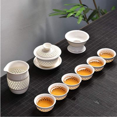 Blue-and-white exquisite ceramic teapot kettle tea cup hollow out tea set chinese tea set drinkware tea ceremony gift-As shown