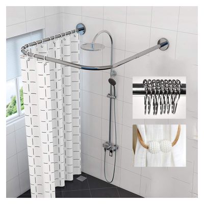 AWERQ U Shaped Shower Curtain Rod Outdoor,Adjustable Curved Shower Rod Rust Proof Stainless Steel Extendable Corner Curtain Rod Pole for Bathroom,Clothing Store,909090