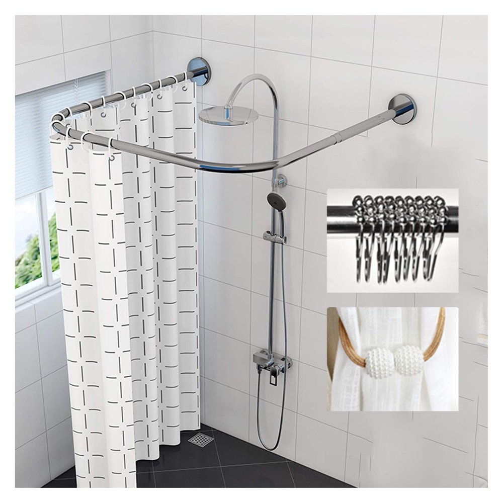 AWERQ U Shaped Shower Curtain Rod Outdoor, Adjustable Curved Shower Rod Rust Proof Stainless Steel Extendable Corner Curtain Rod Pole for Bathroom, Clothing Store, 808080