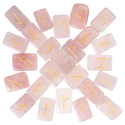 Rose Quartz Rune Stones Set - Polished Stone Elder Futhark Witchcraft Supplies Gemstone Runes Viking Spiritual Stones Norse Pagan Engraved Crystals Divination Tools for Healing Brick Shape (25 Pcs)