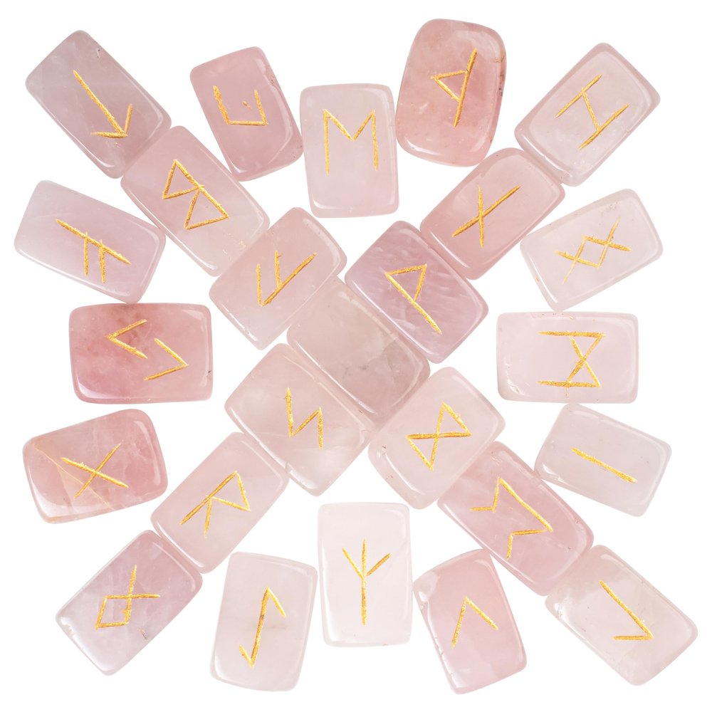 Rose Quartz Rune Stones Set - Polished Stone Elder Futhark Witchcraft Supplies Gemstone Runes Viking Spiritual Stones Norse Pagan Engraved Crystals Divination Tools for Healing Brick Shape (25 Pcs)